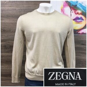 Zegna Mens Beige Crew Neck Long Sleeve Sweater Cashmere Silk Size 52 Italy